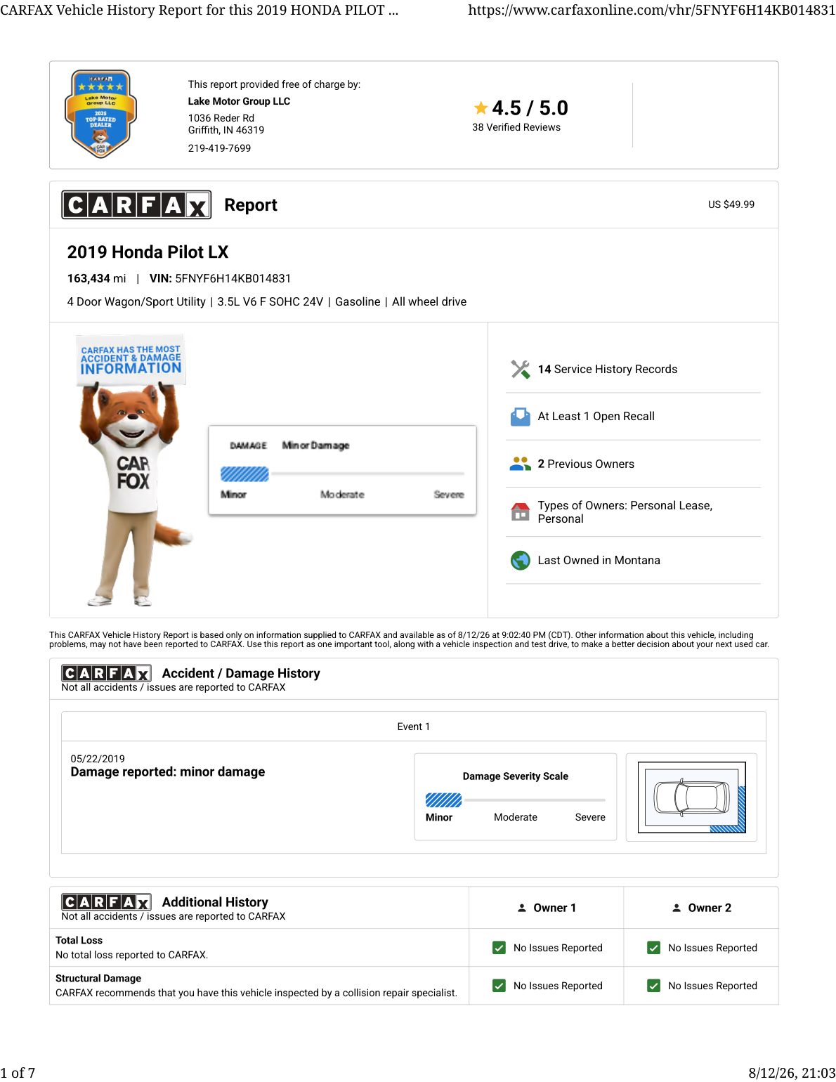 CARFAX vehicle history report — first page