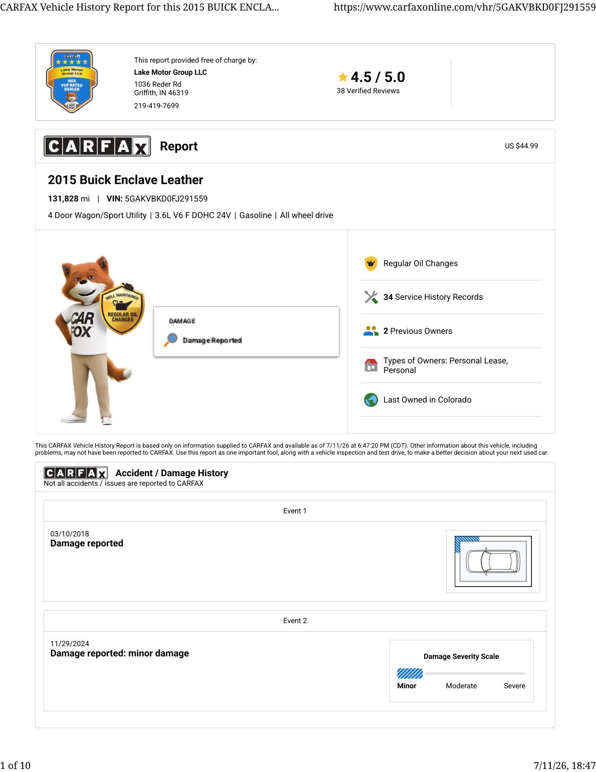 CARFAX vehicle history report — first page
