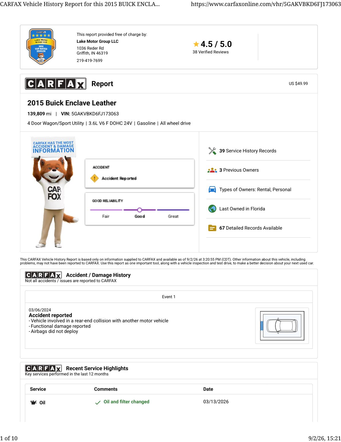 CARFAX vehicle history report — first page