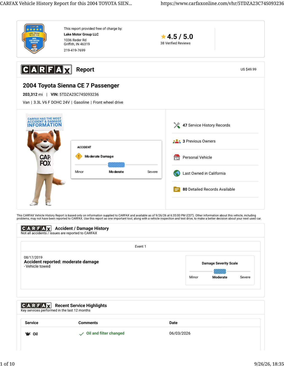 CARFAX vehicle history report — first page
