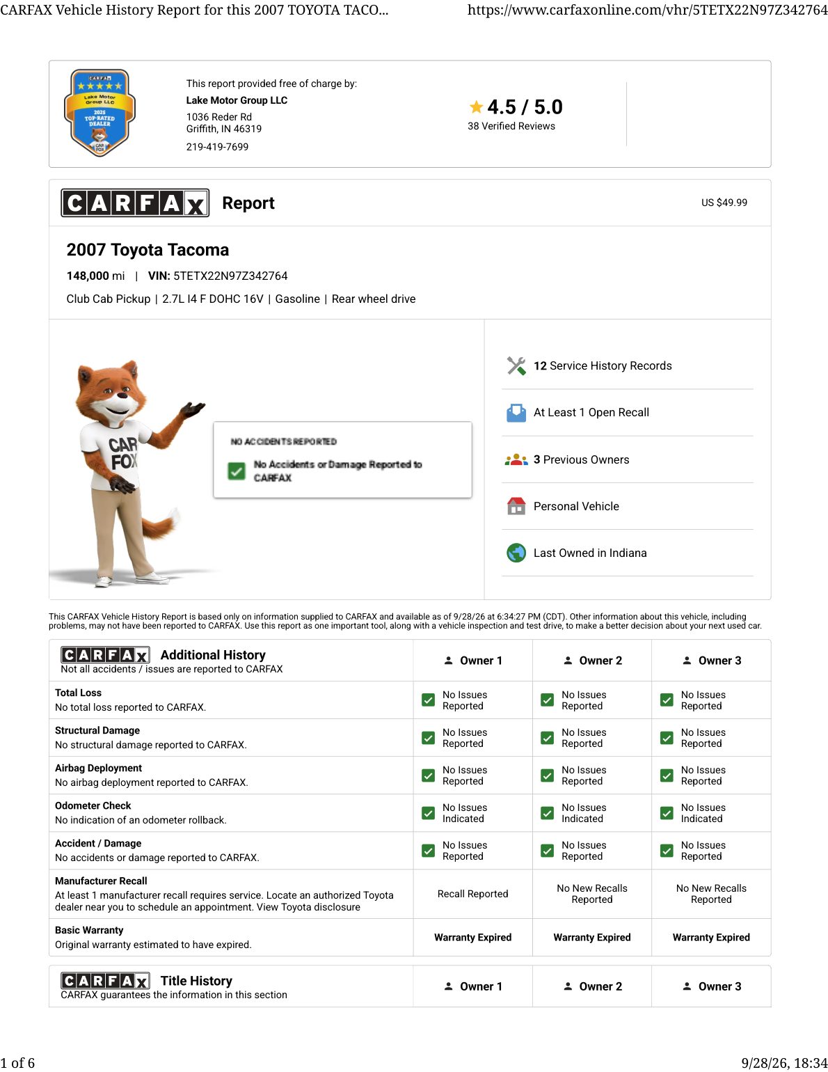 CARFAX vehicle history report — first page
