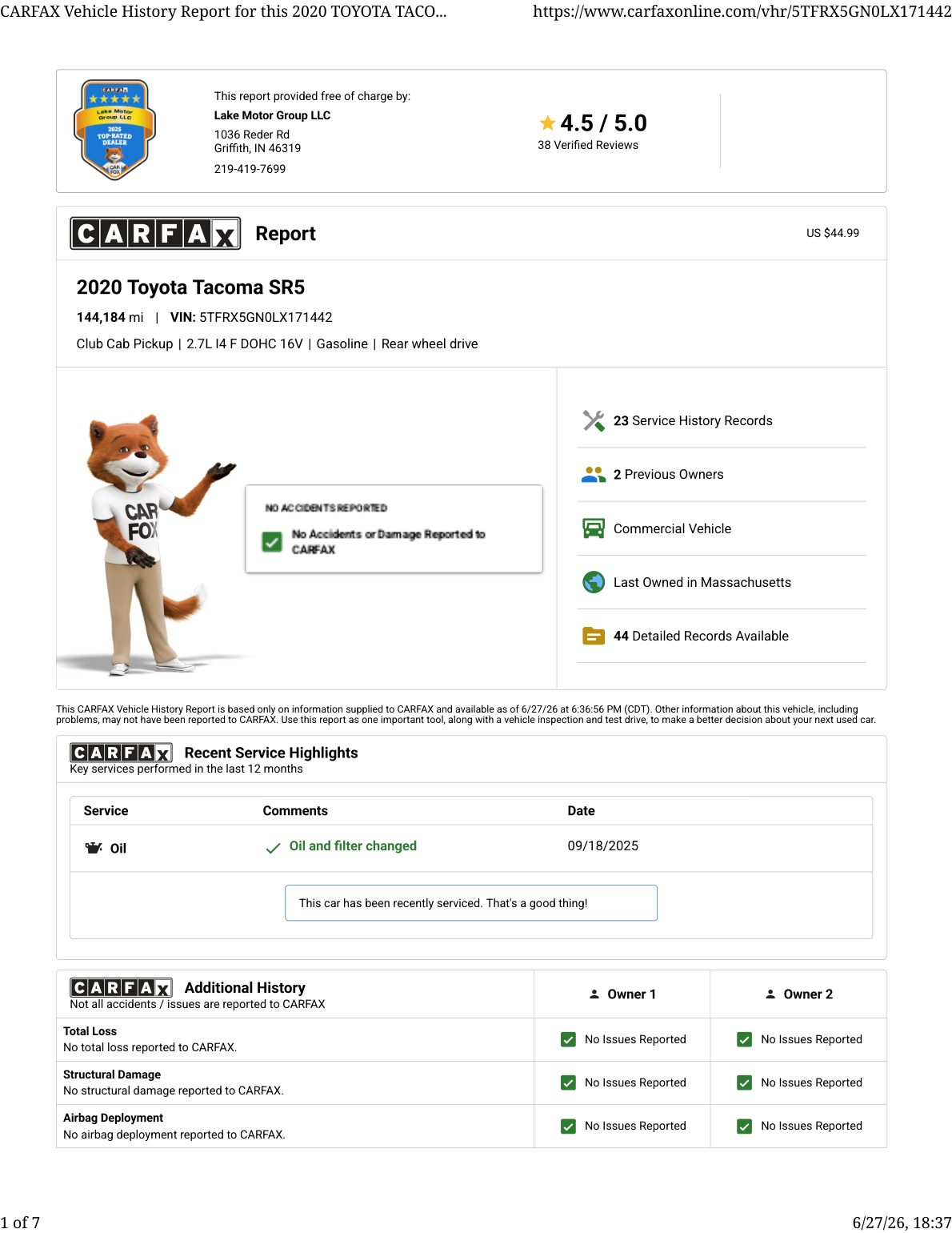 CARFAX vehicle history report — first page