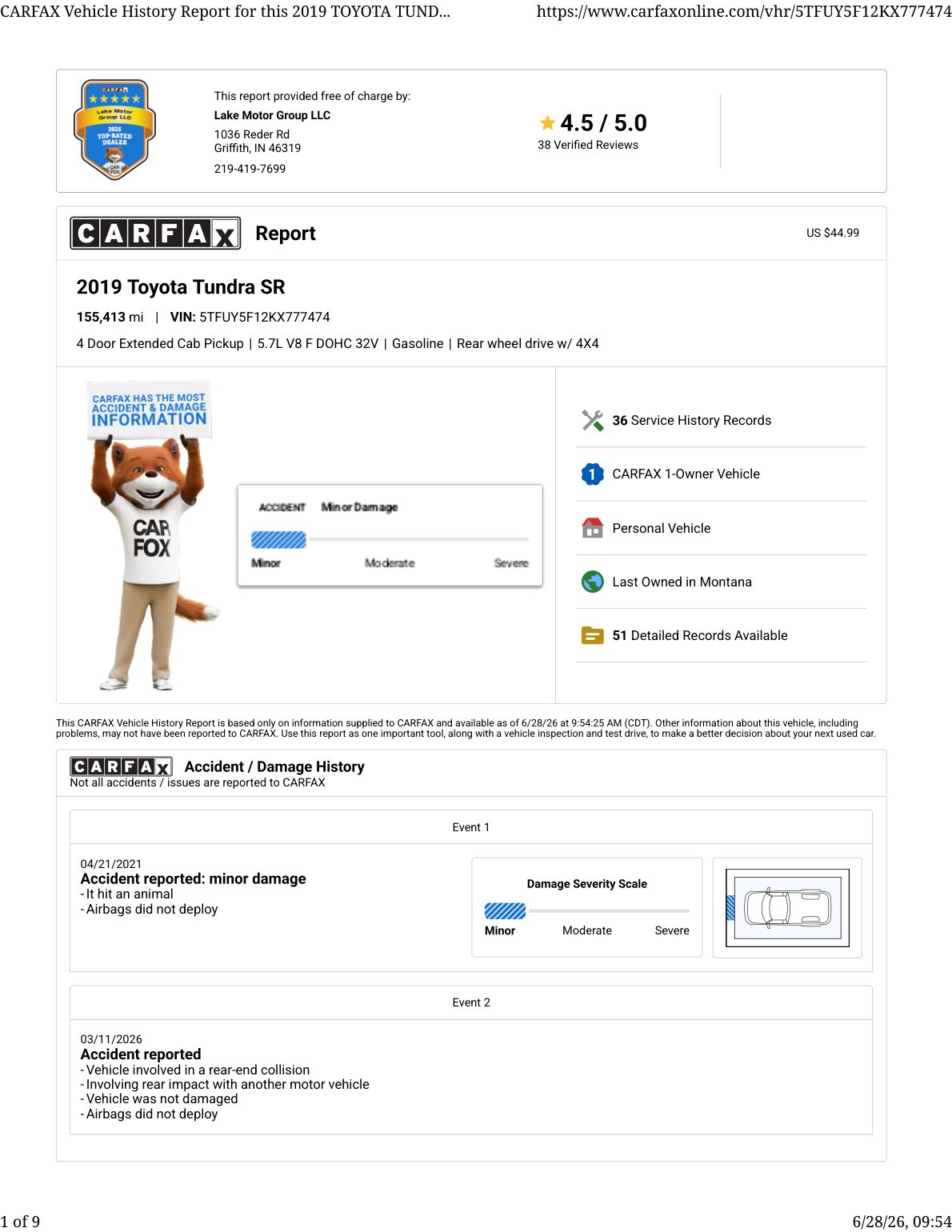 CARFAX vehicle history report — first page