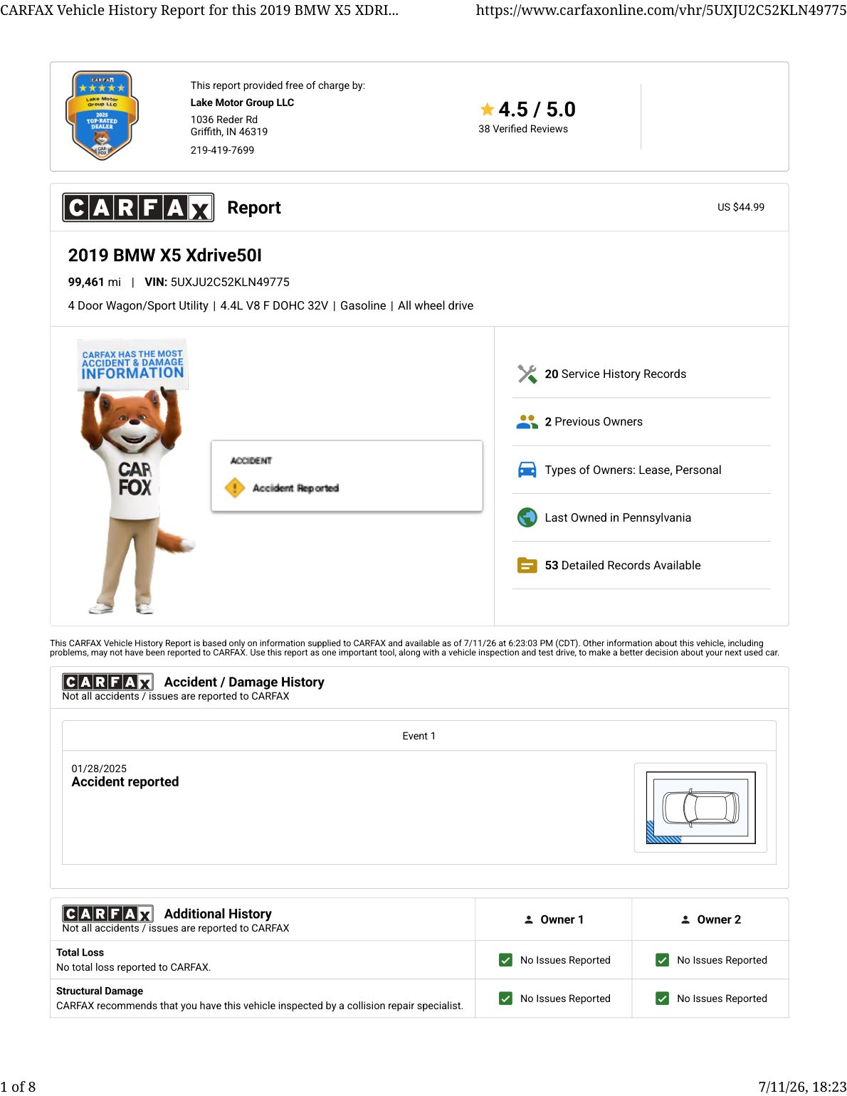 CARFAX vehicle history report — first page