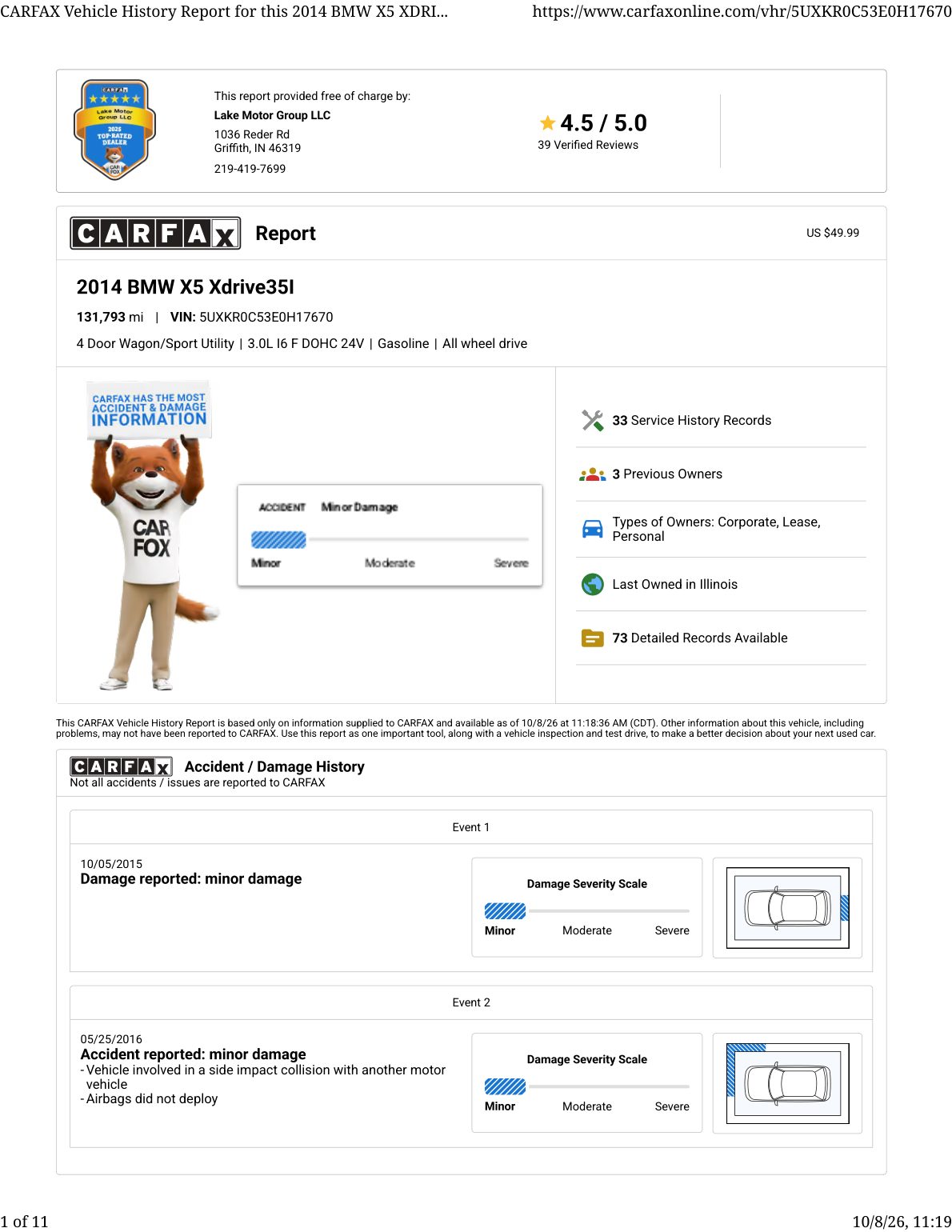 CARFAX vehicle history report — first page