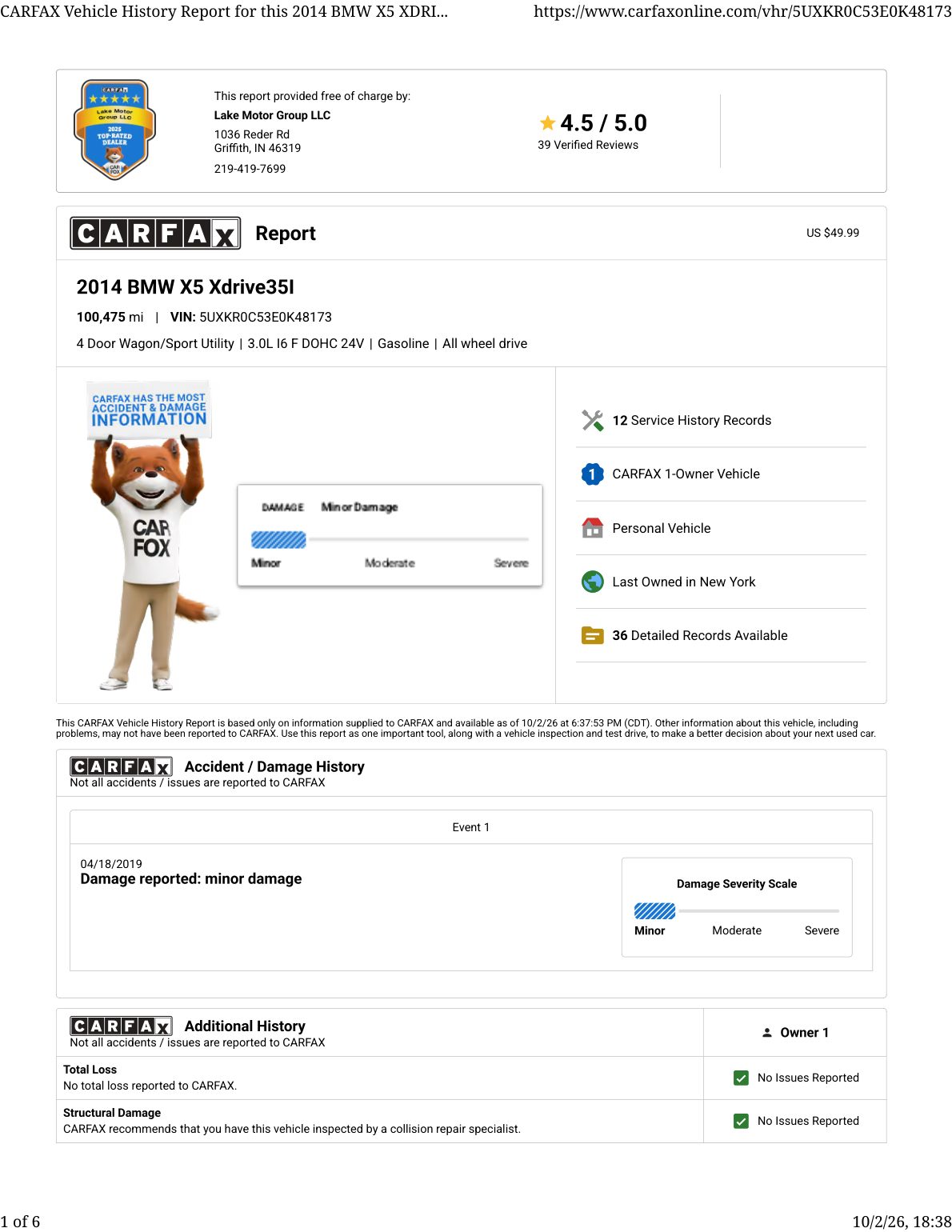 CARFAX vehicle history report — first page