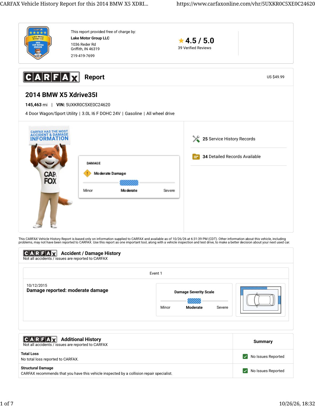 CARFAX vehicle history report — first page