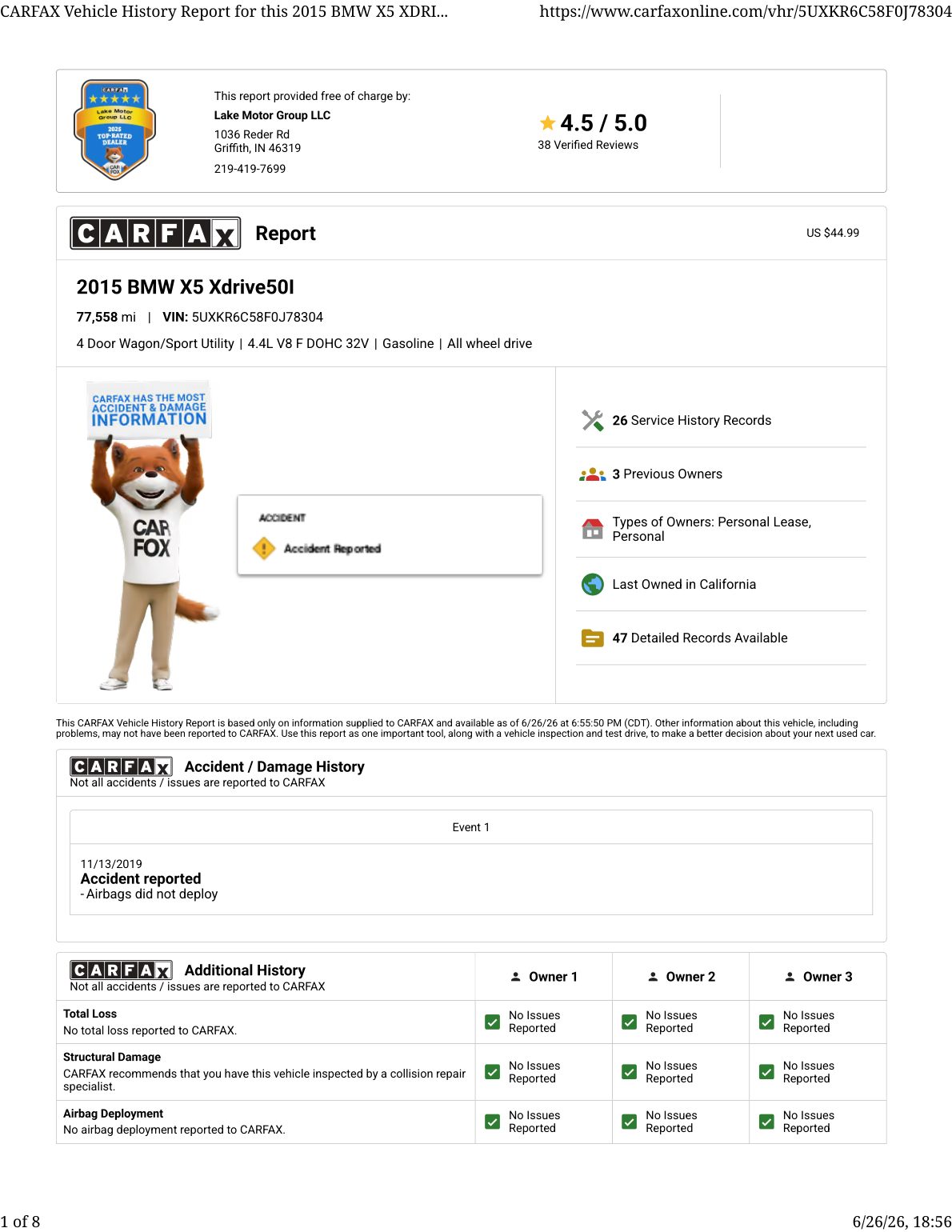 CARFAX vehicle history report — first page