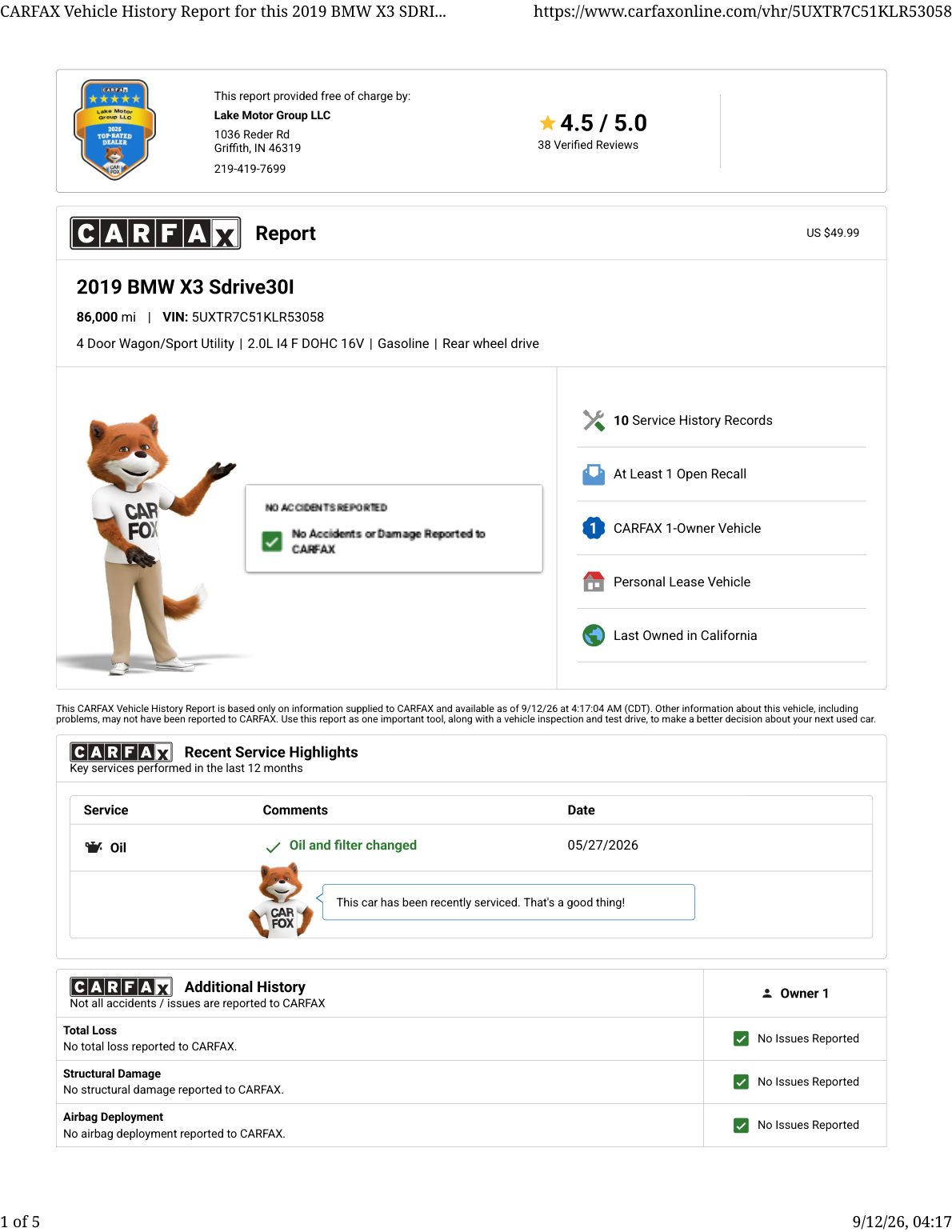CARFAX vehicle history report — first page