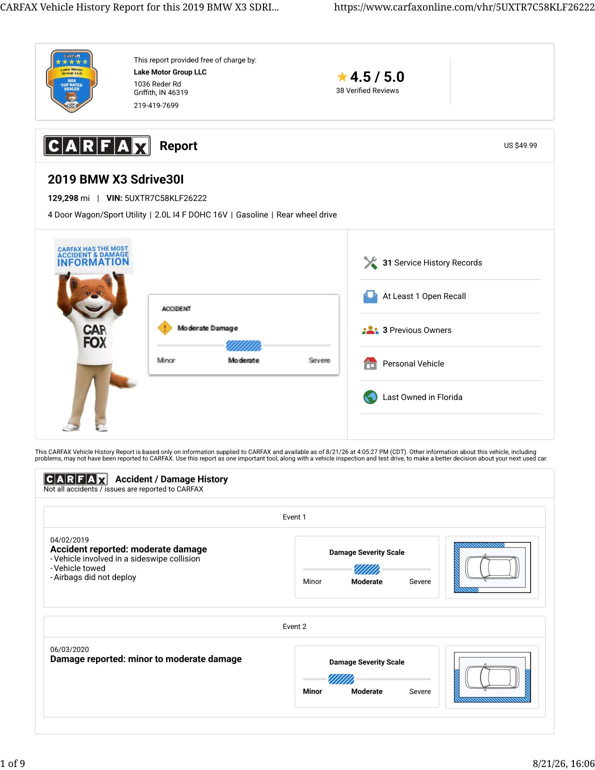 CARFAX vehicle history report — first page