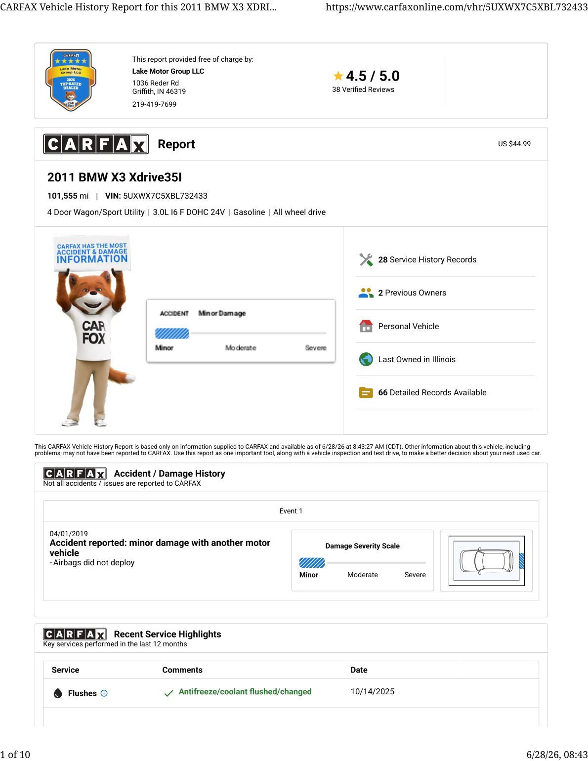 CARFAX vehicle history report — first page