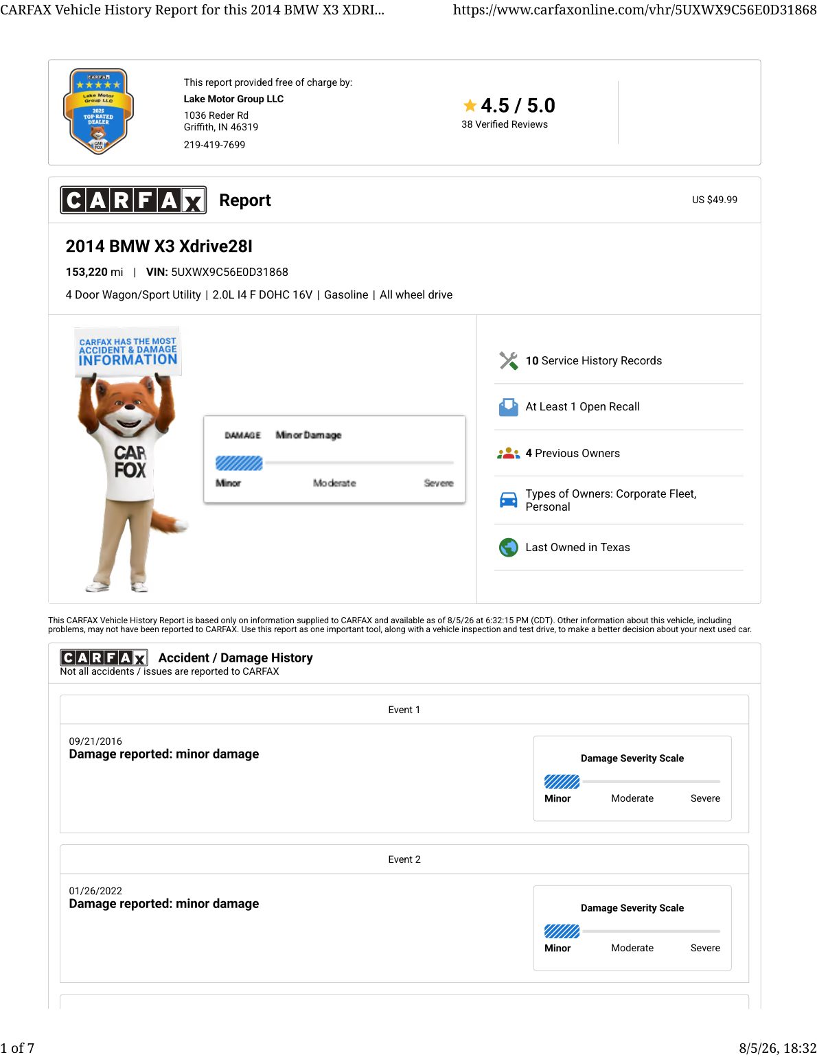 CARFAX vehicle history report — first page