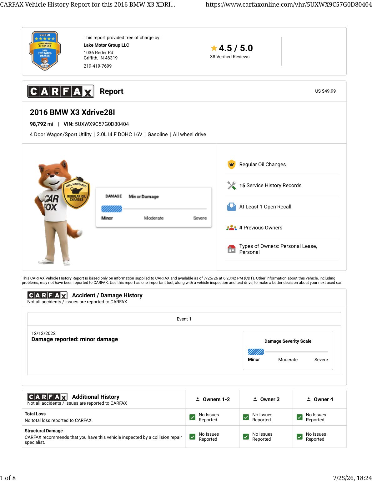 CARFAX vehicle history report — first page
