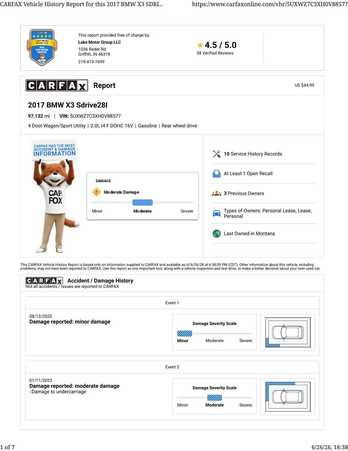 CARFAX vehicle history report — first page