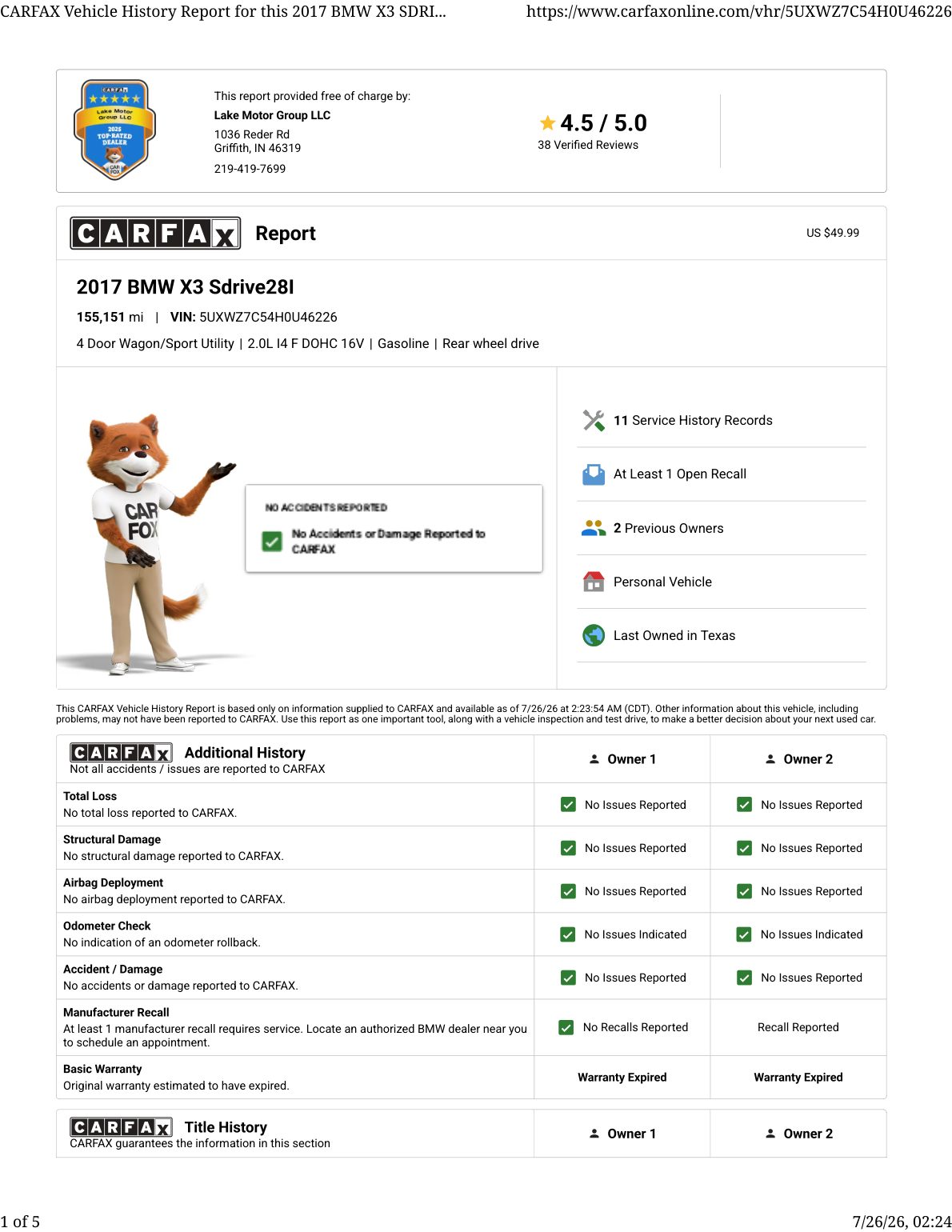 CARFAX vehicle history report — first page