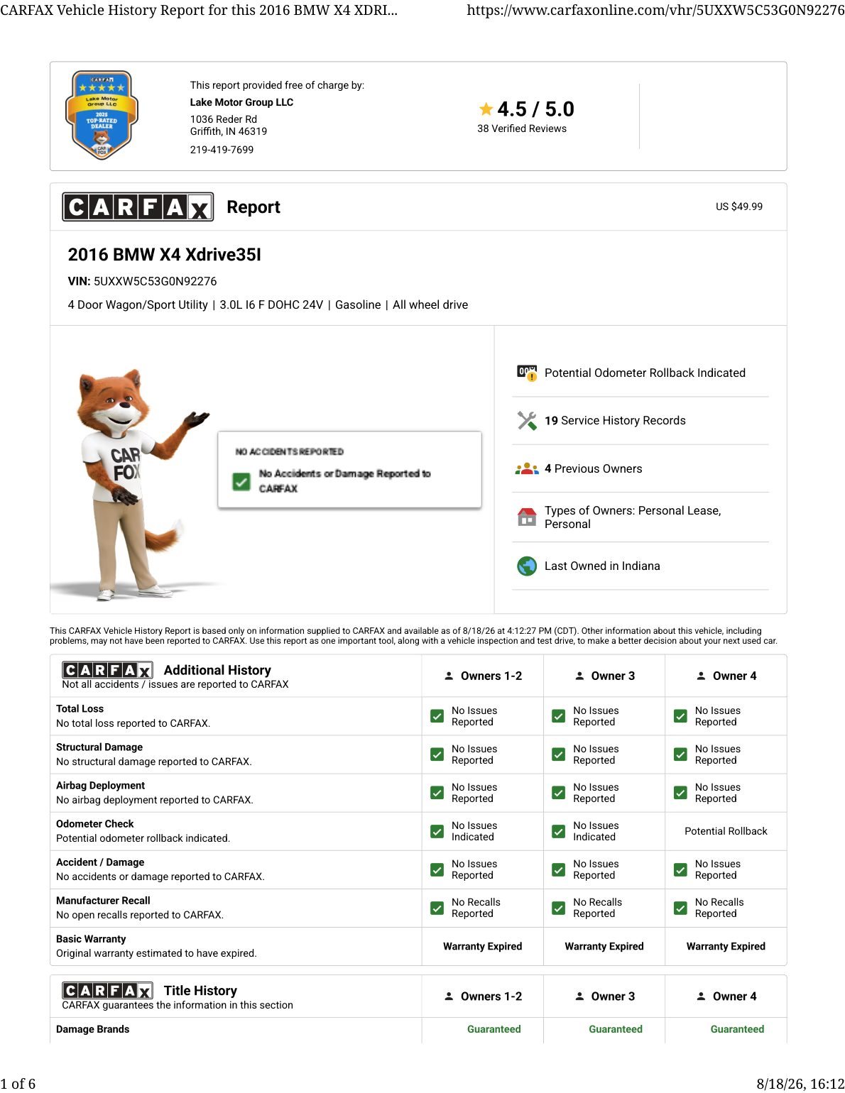 CARFAX vehicle history report — first page