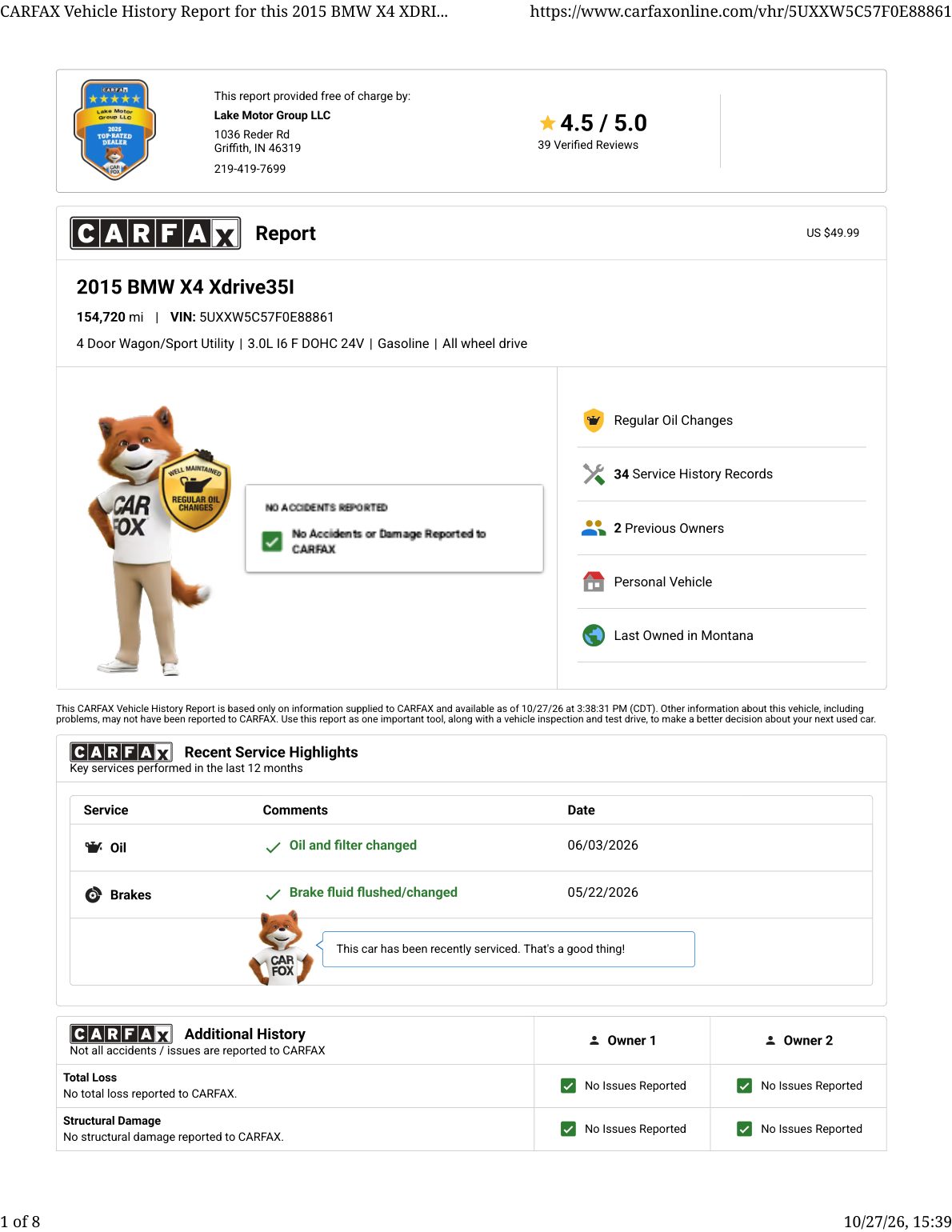 CARFAX vehicle history report — first page