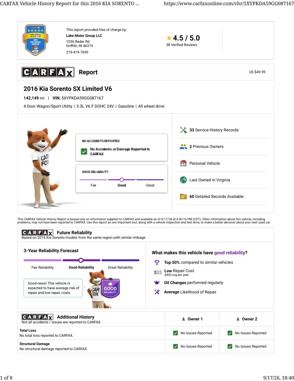 CARFAX vehicle history report — first page