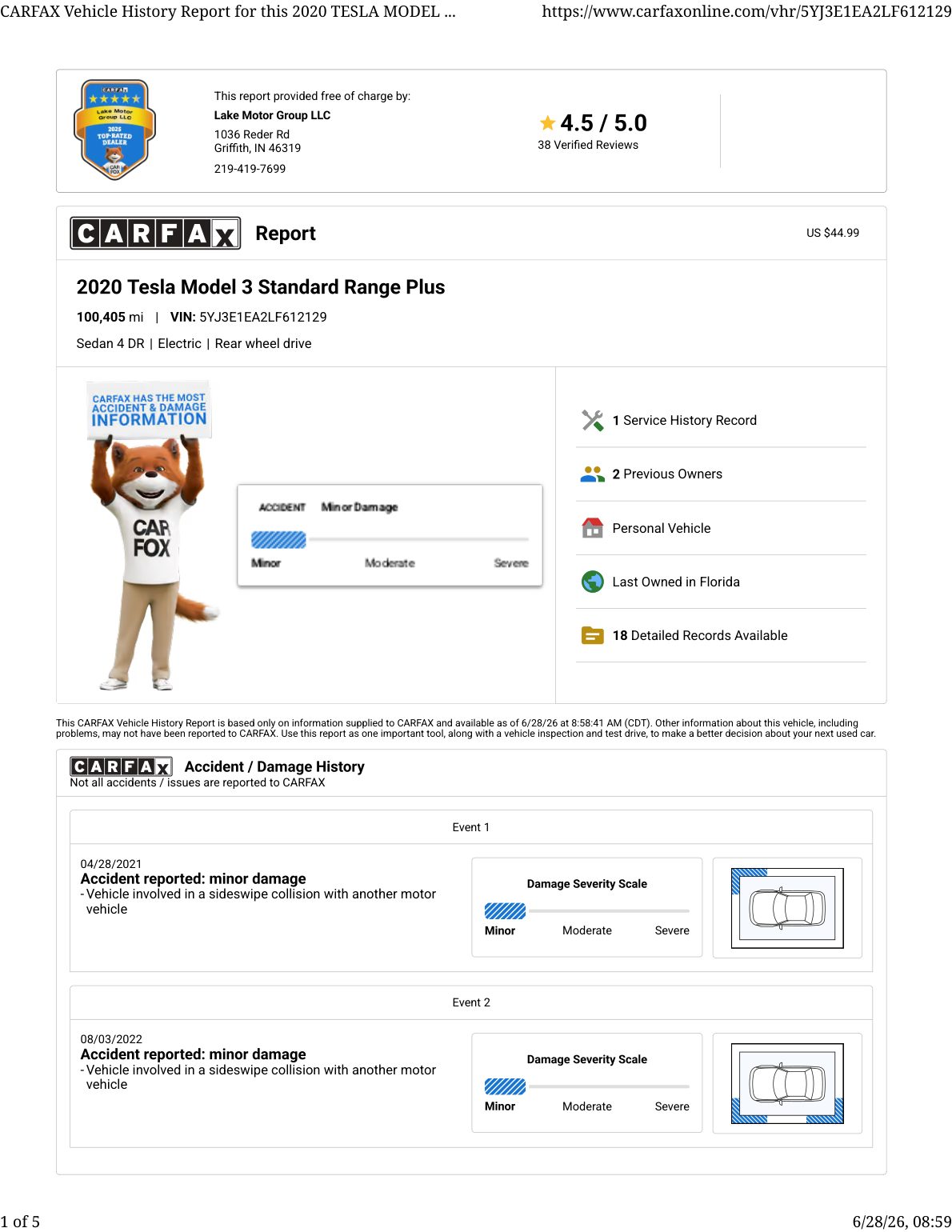 CARFAX vehicle history report — first page