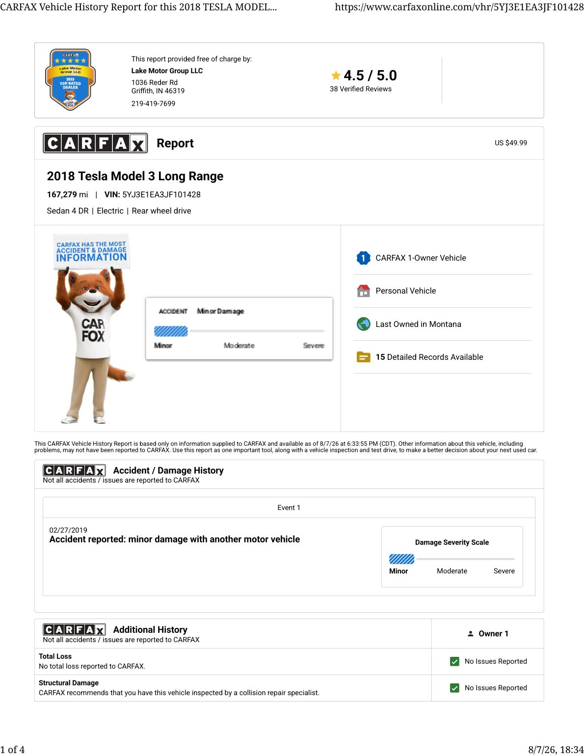 CARFAX vehicle history report — first page
