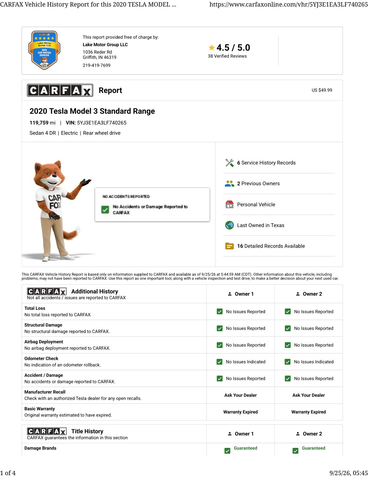 CARFAX vehicle history report — first page