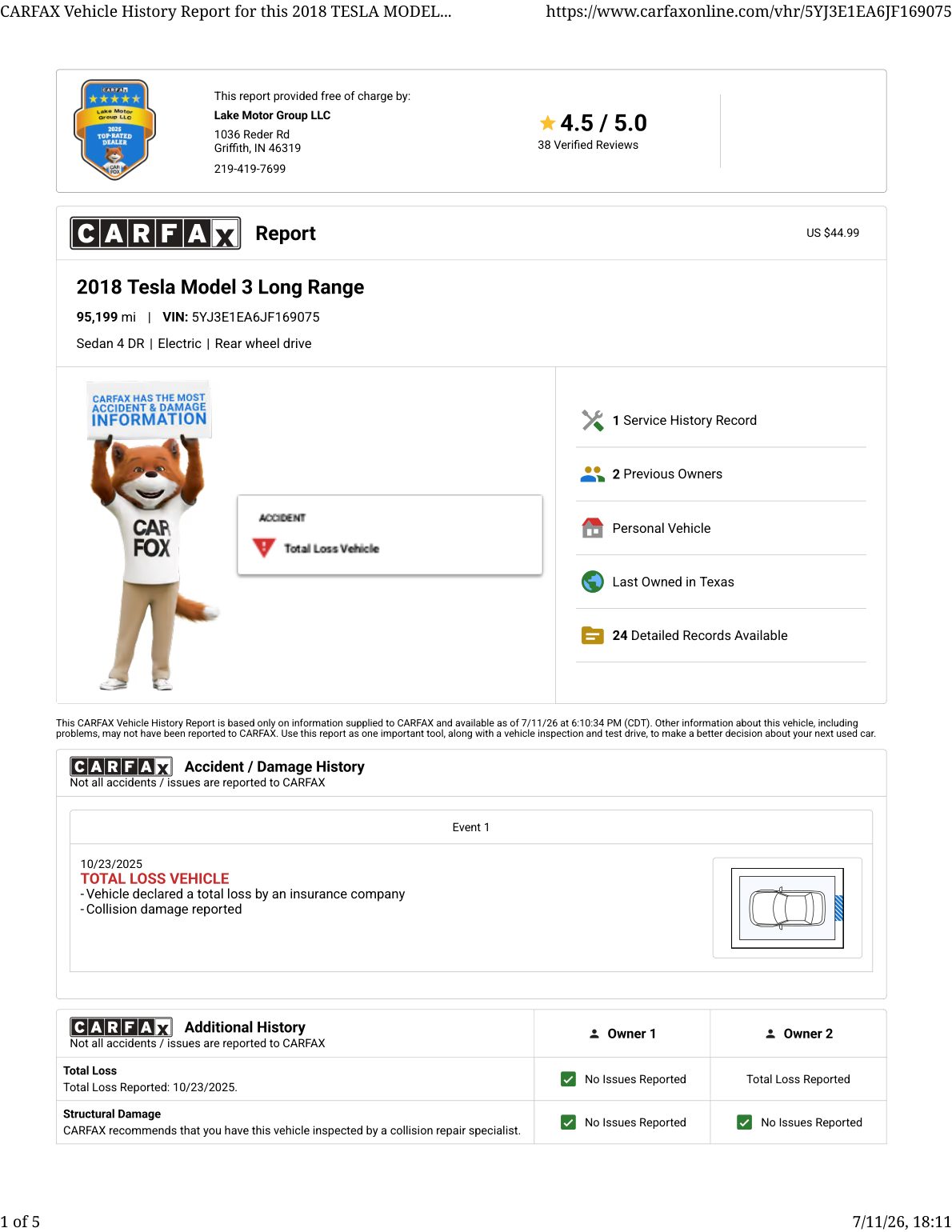 CARFAX vehicle history report — first page