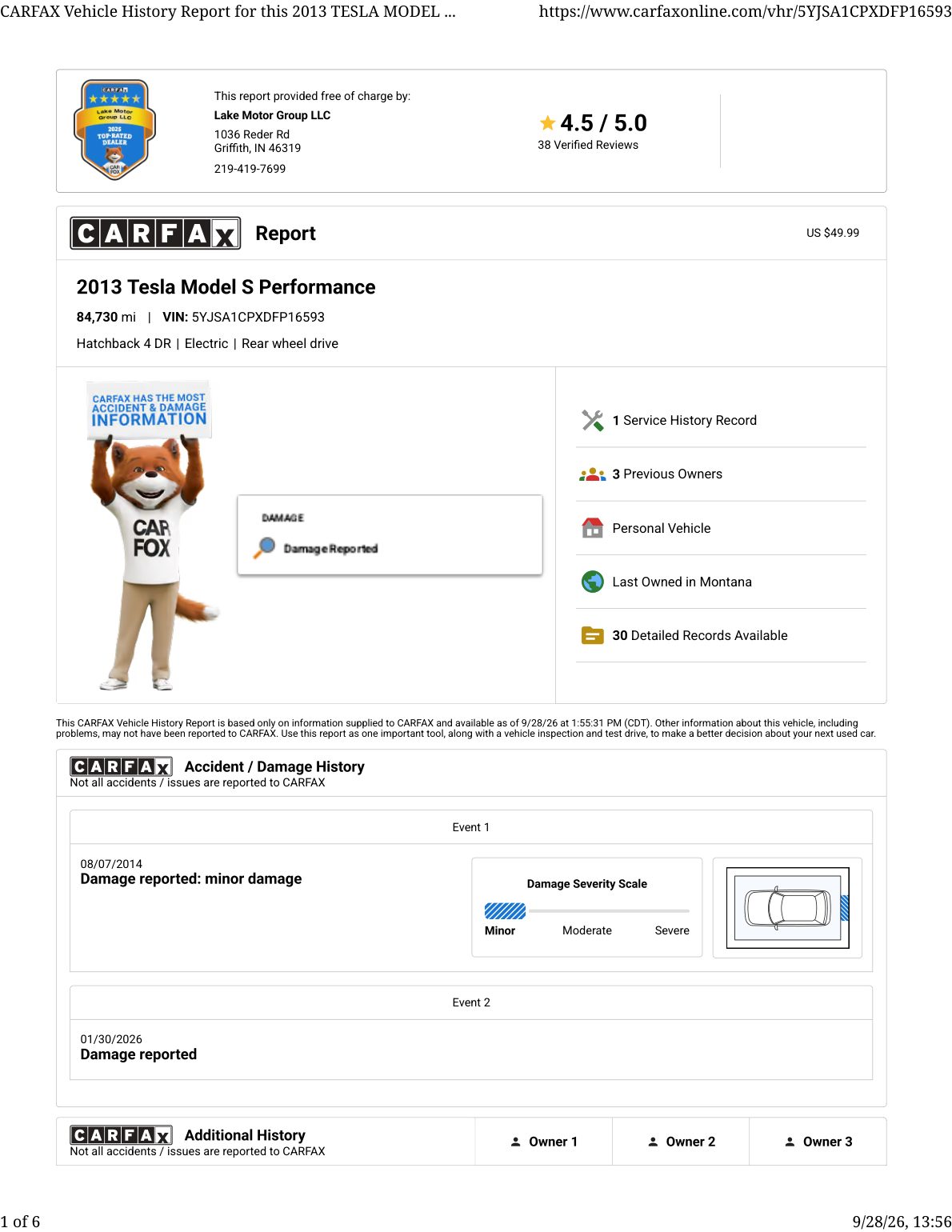 CARFAX vehicle history report — first page