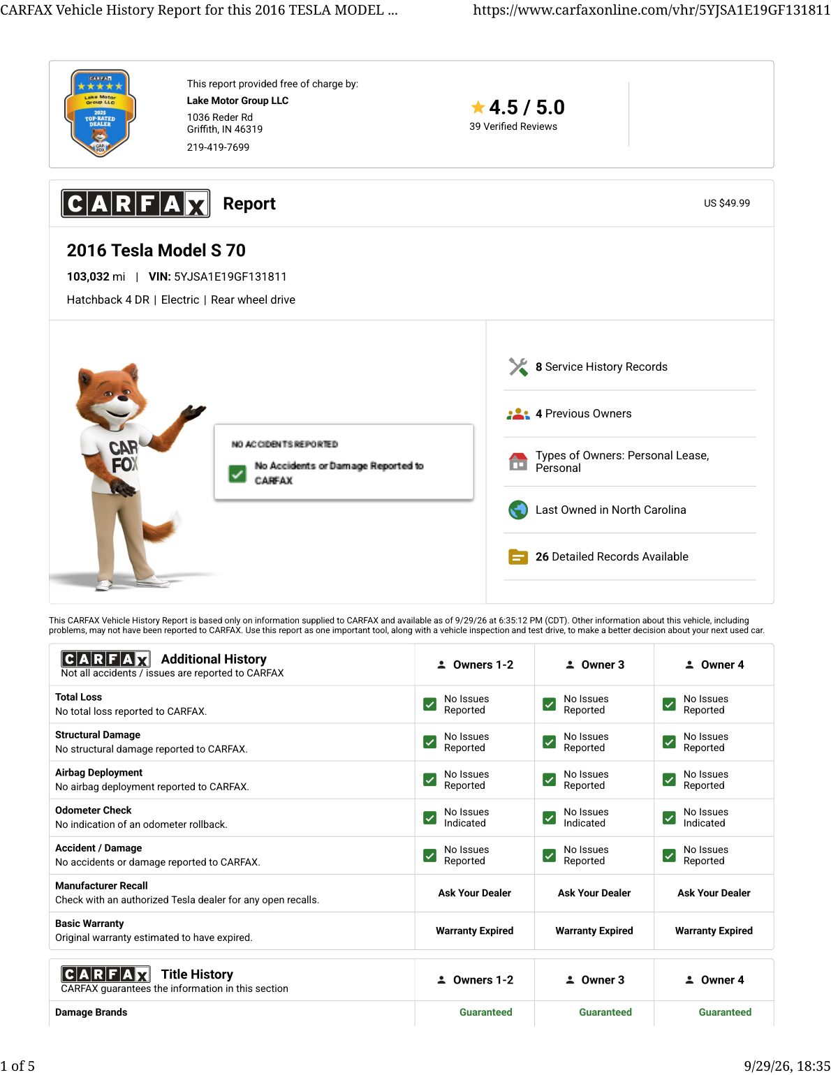 CARFAX vehicle history report — first page