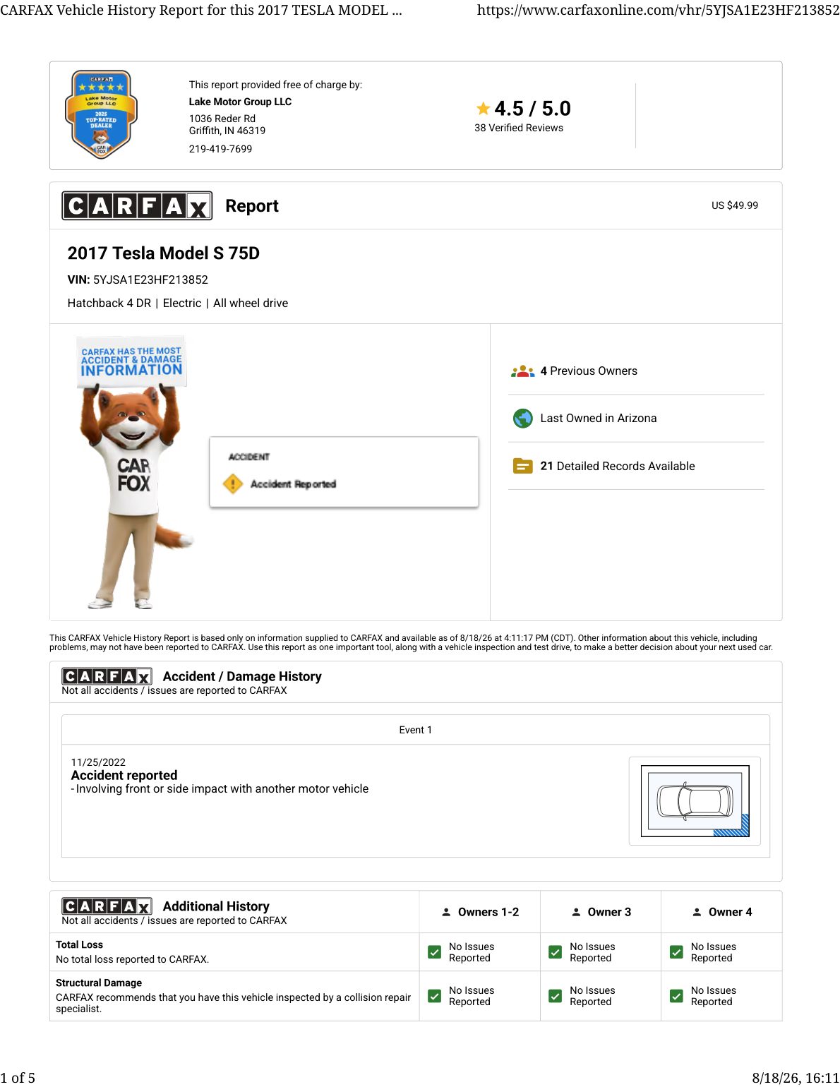 CARFAX vehicle history report — first page