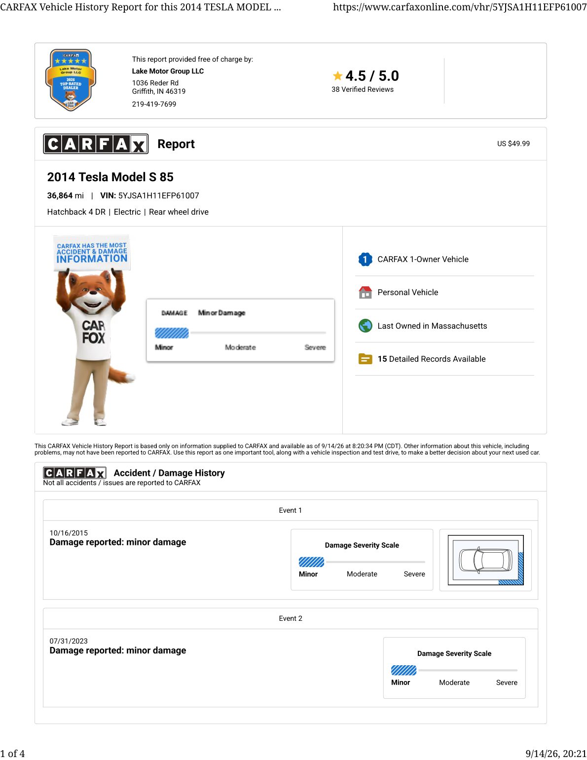 CARFAX vehicle history report — first page