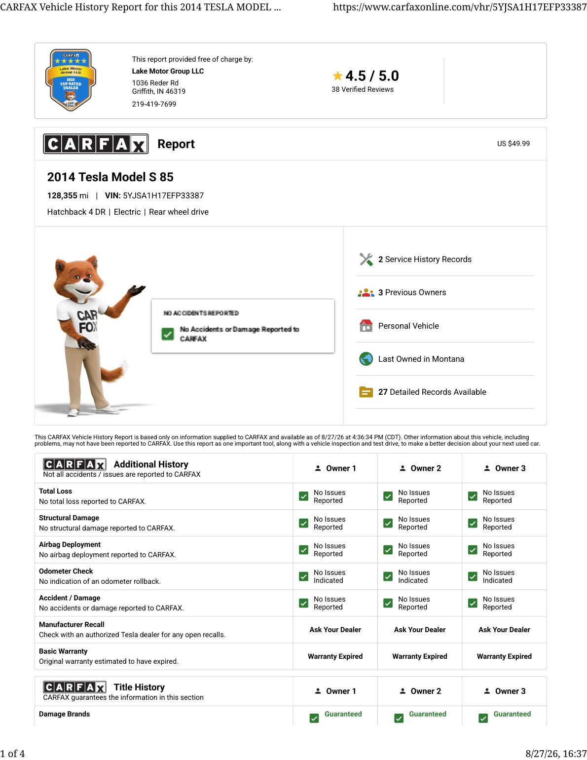 CARFAX vehicle history report — first page