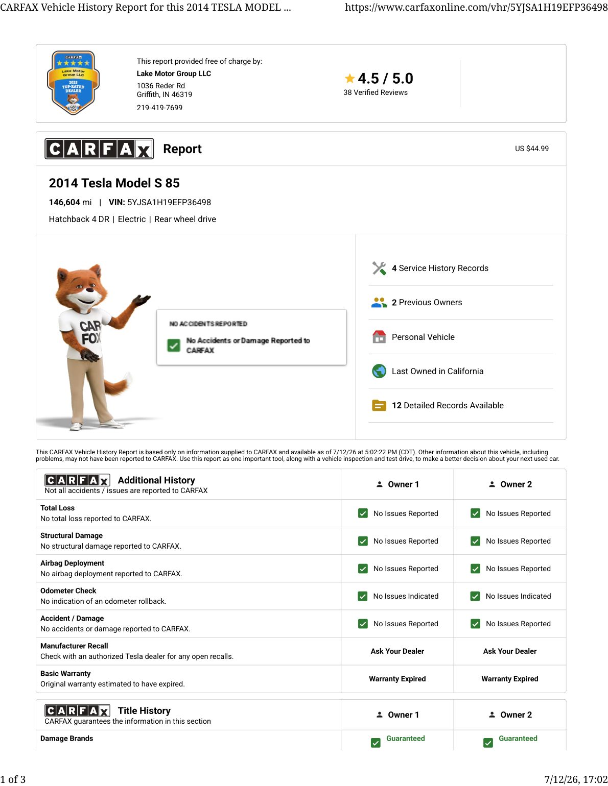 CARFAX vehicle history report — first page