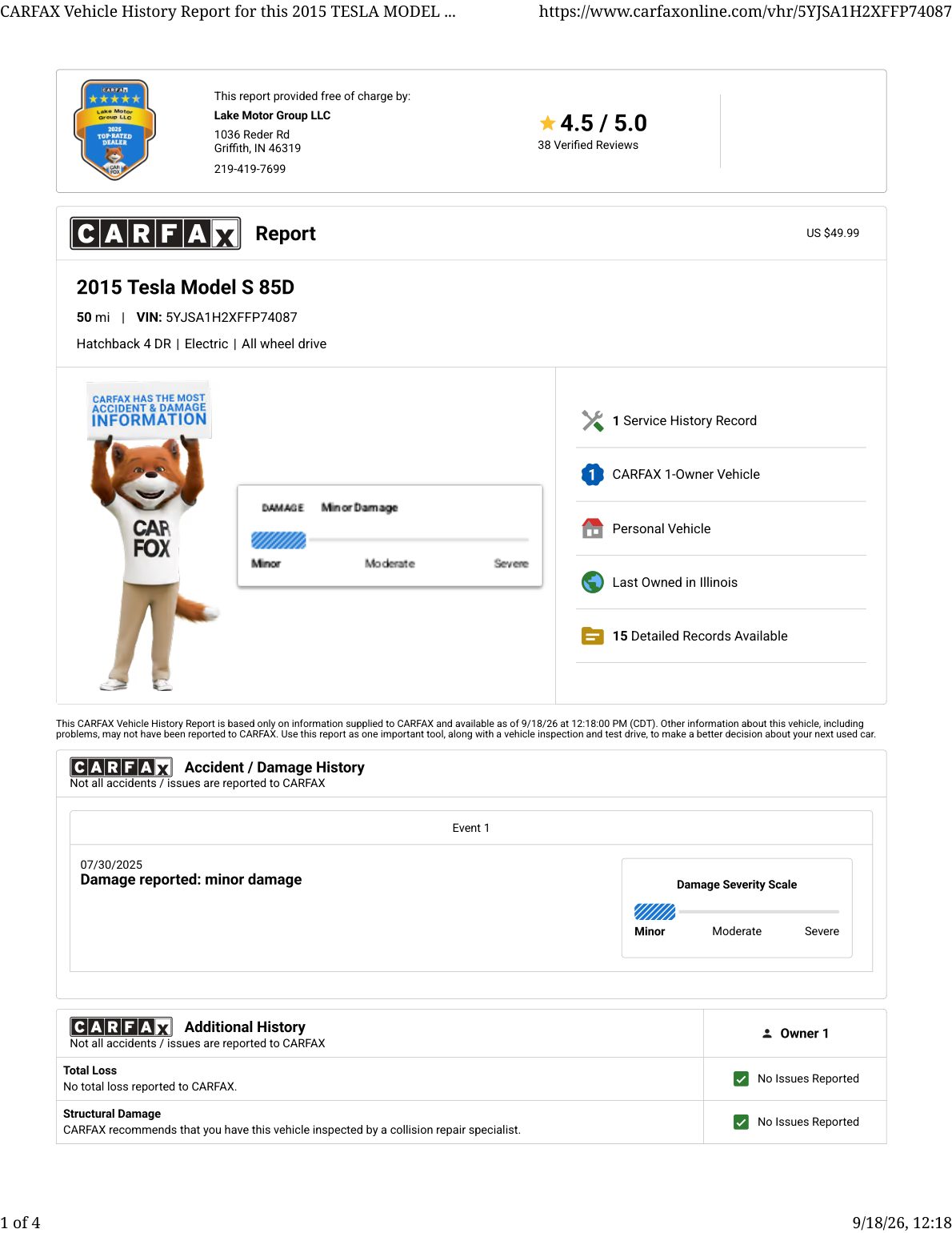 CARFAX vehicle history report — first page