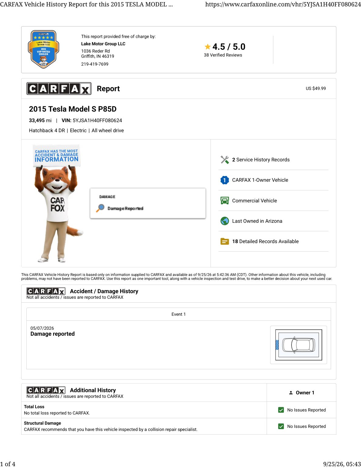 CARFAX vehicle history report — first page