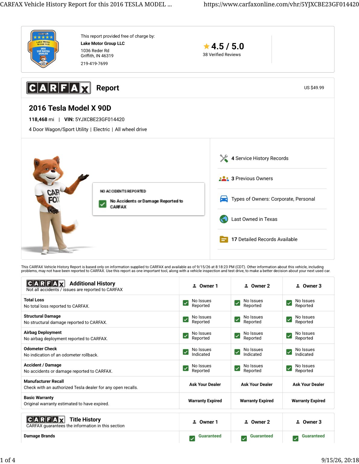 CARFAX vehicle history report — first page