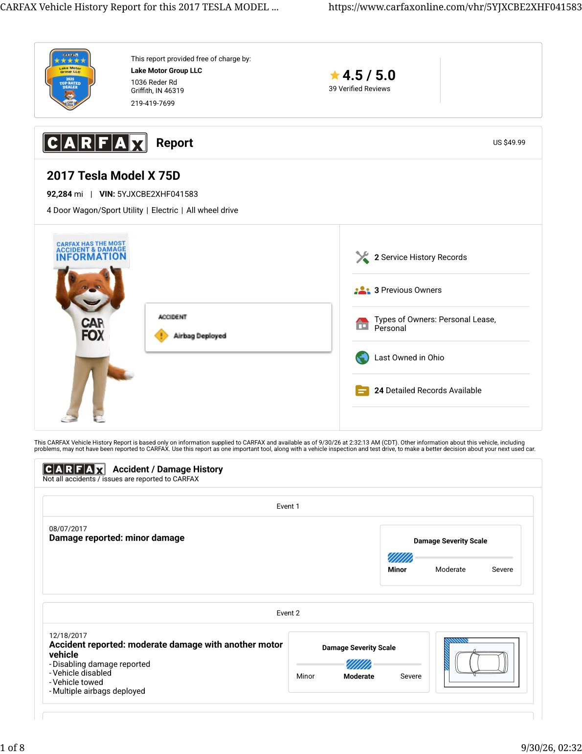 CARFAX vehicle history report — first page