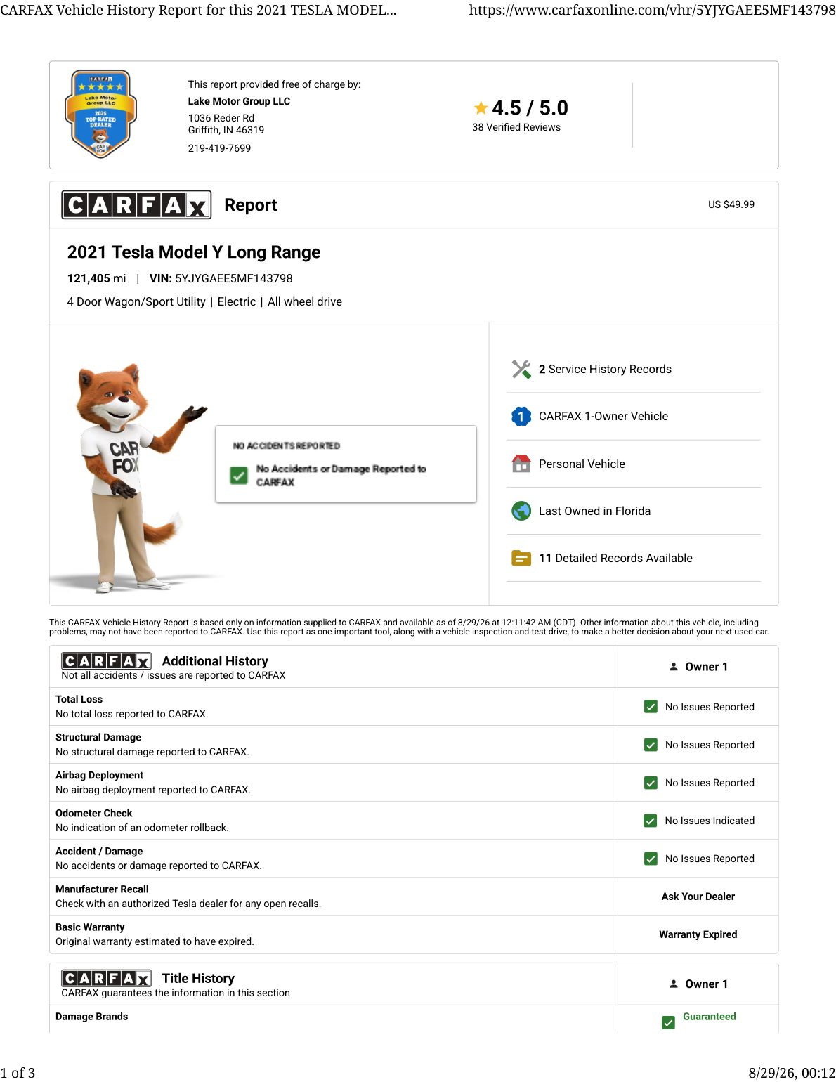 CARFAX vehicle history report — first page