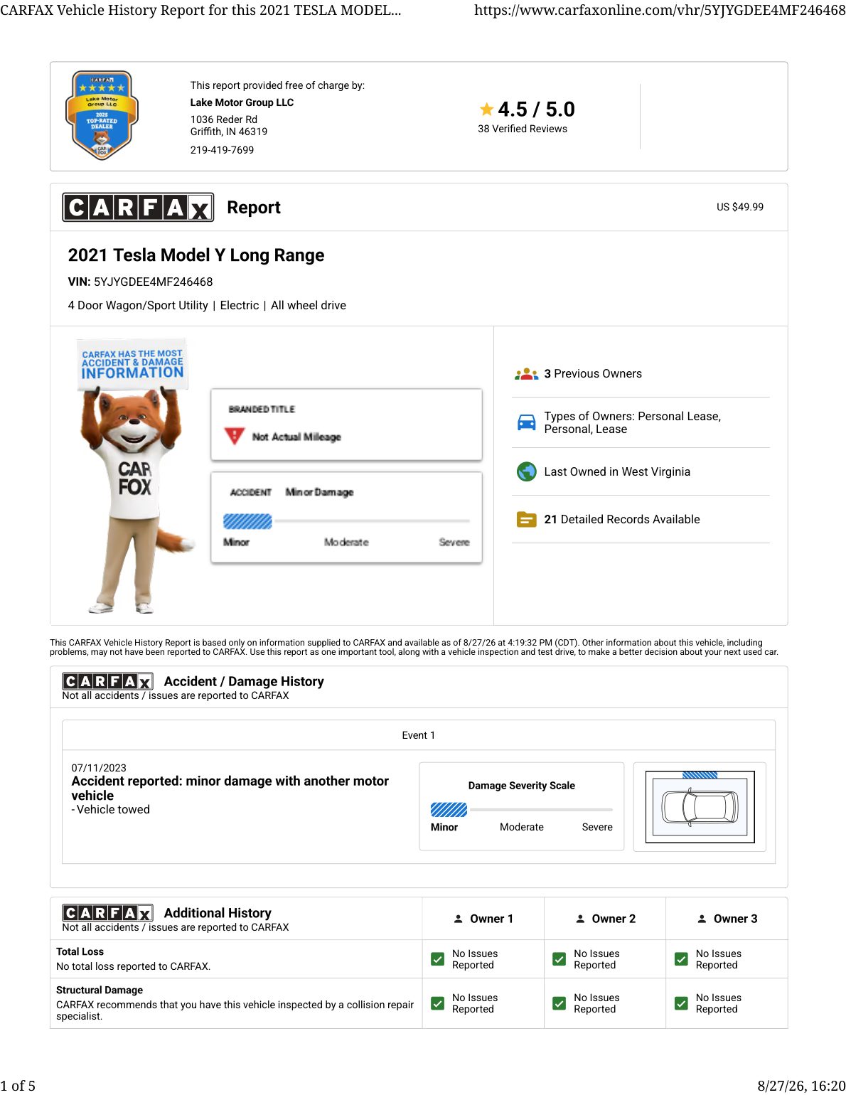 CARFAX vehicle history report — first page