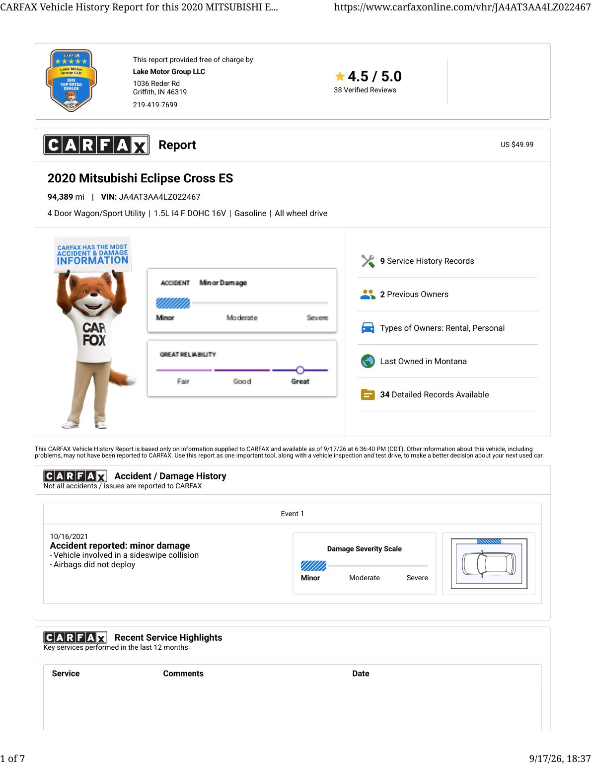 CARFAX vehicle history report — first page