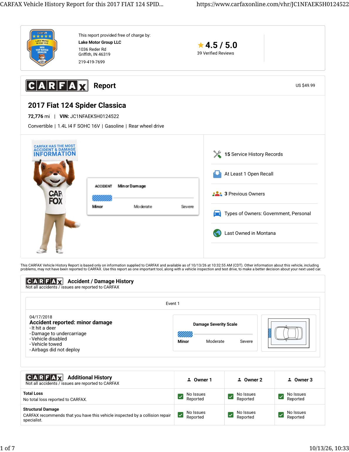 CARFAX vehicle history report — first page