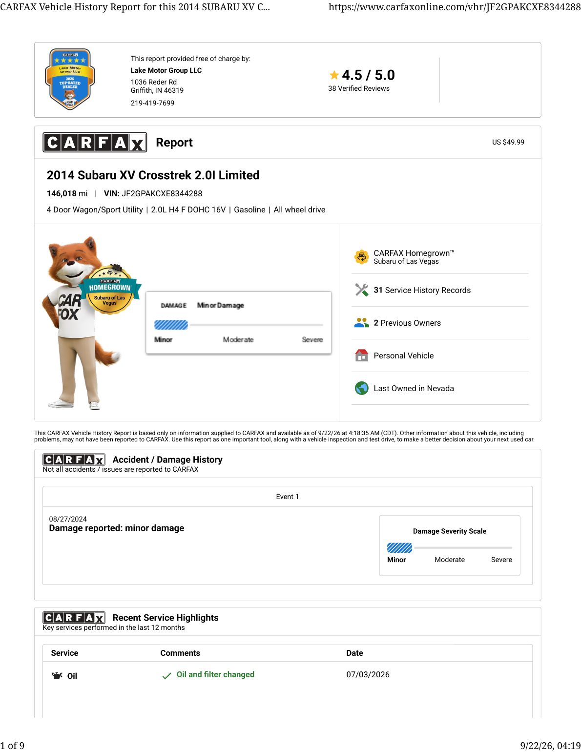 CARFAX vehicle history report — first page