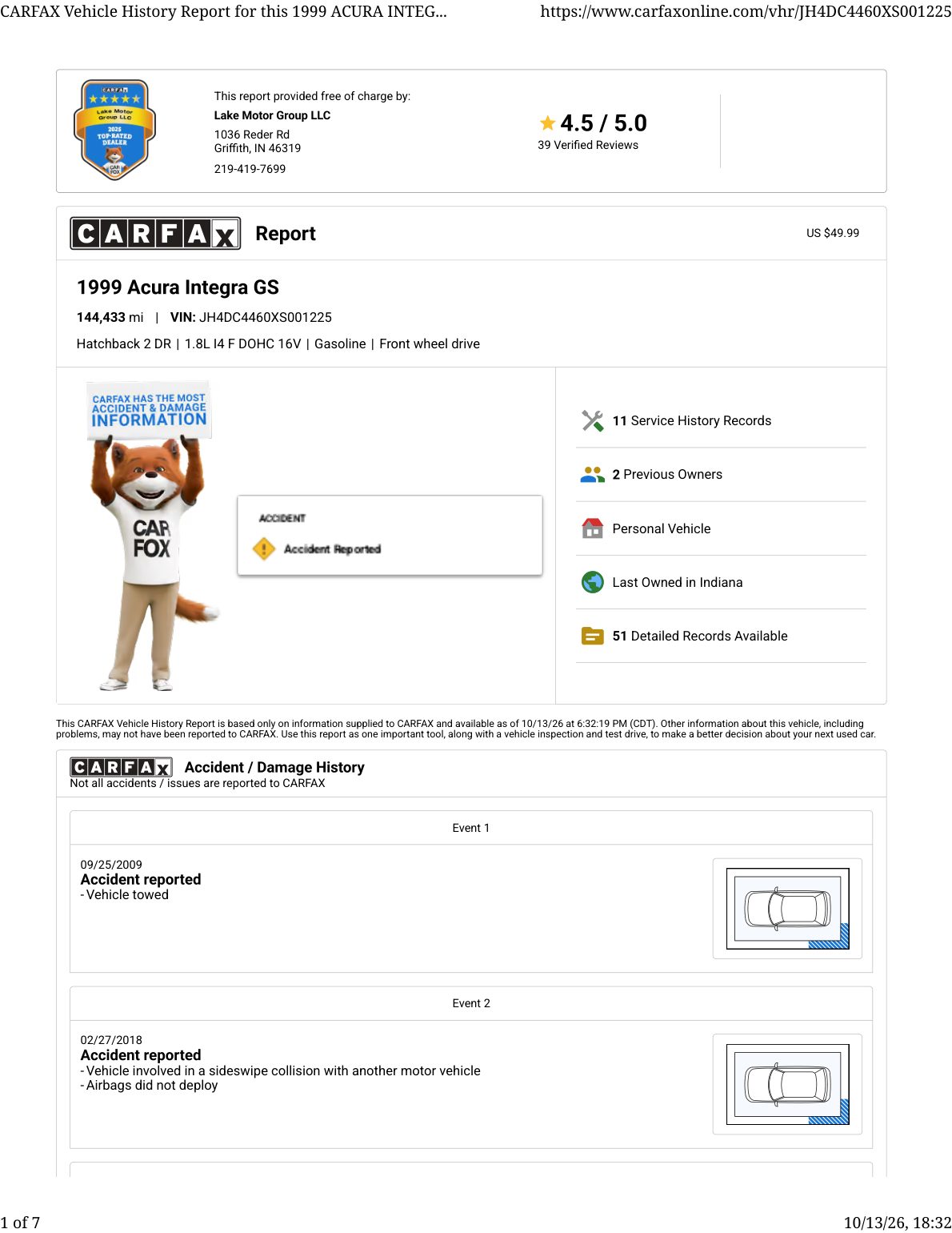 CARFAX vehicle history report — first page