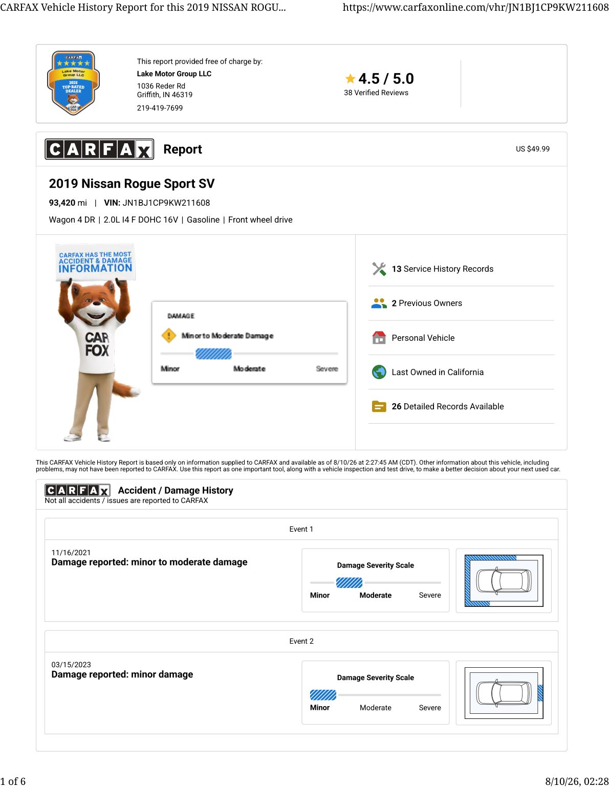 CARFAX vehicle history report — first page