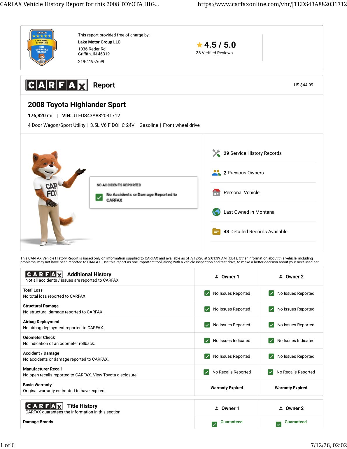 CARFAX vehicle history report — first page