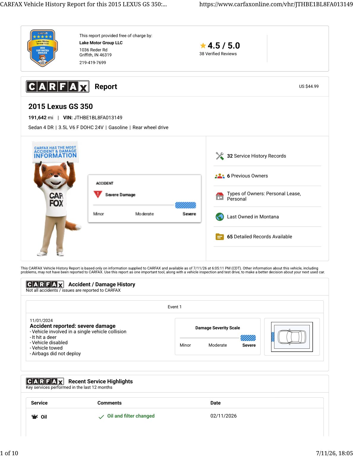 CARFAX vehicle history report — first page