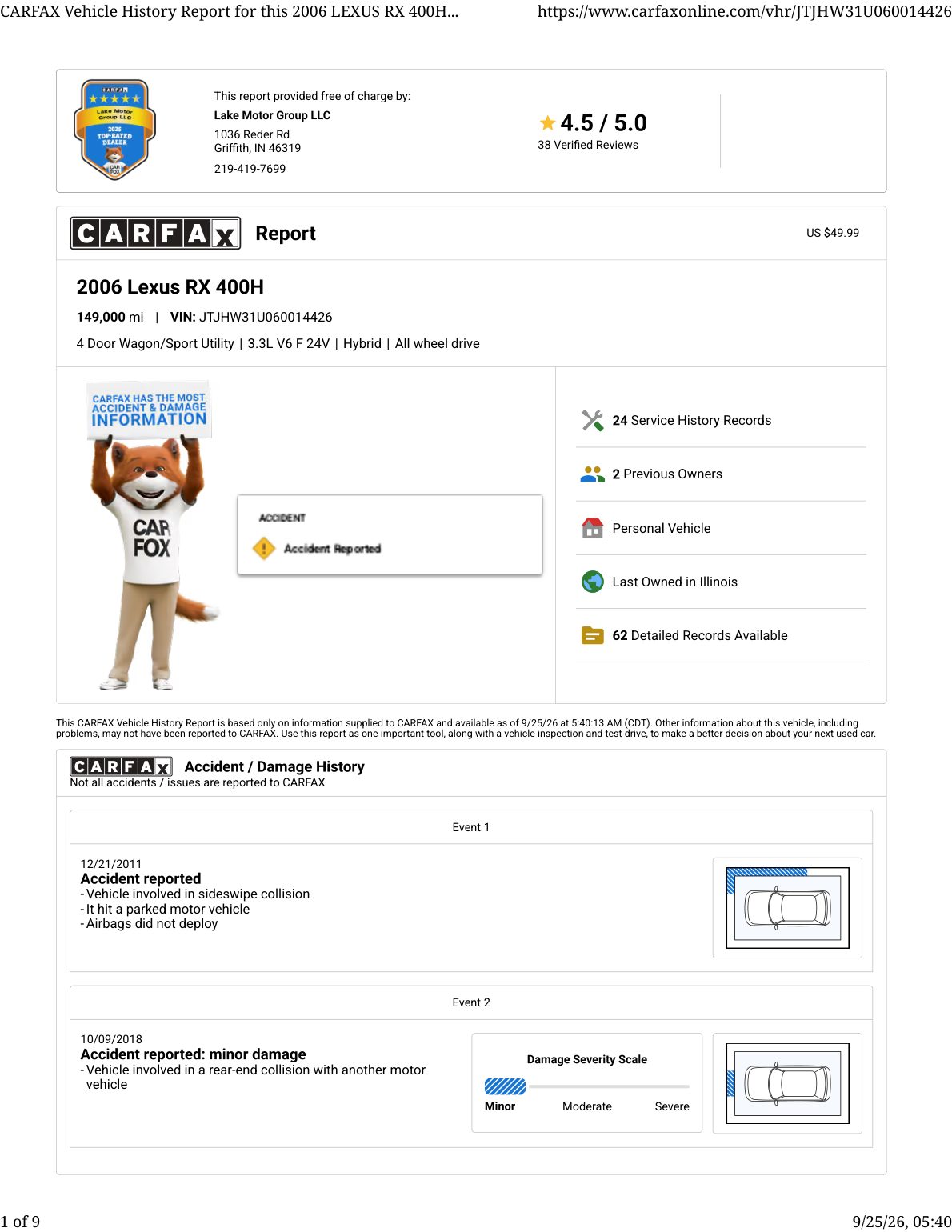 CARFAX vehicle history report — first page