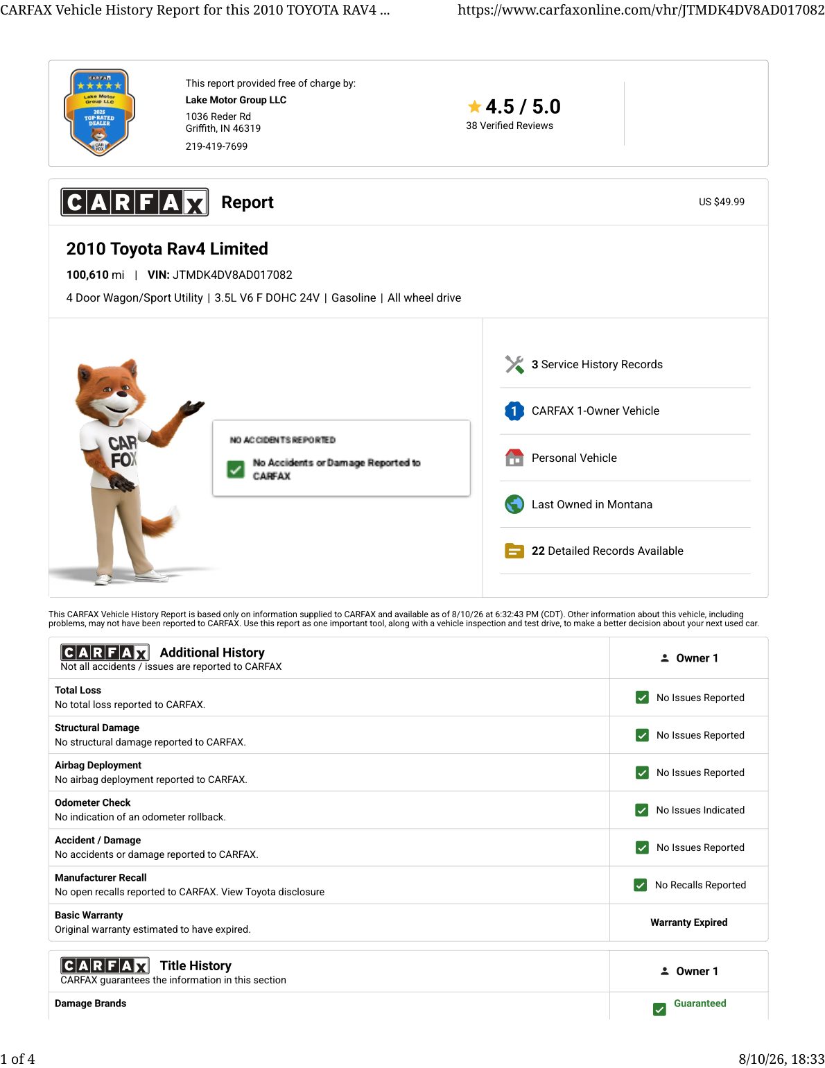 CARFAX vehicle history report — first page