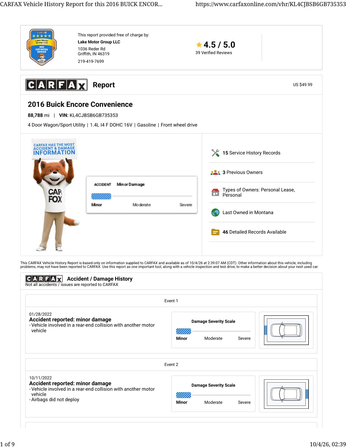 CARFAX vehicle history report — first page