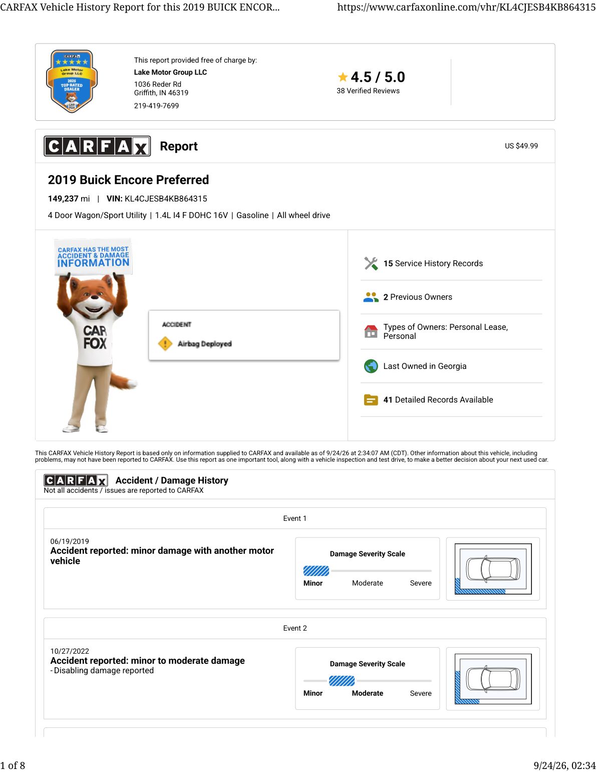 CARFAX vehicle history report — first page