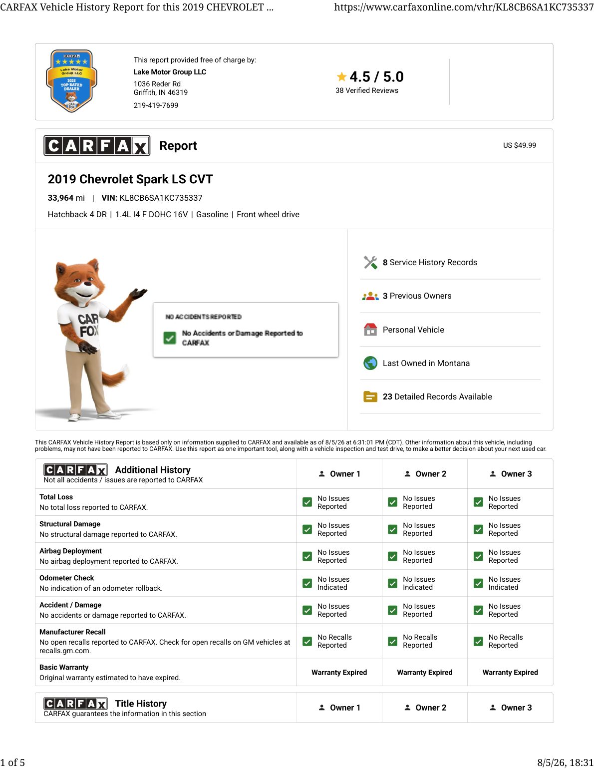 CARFAX vehicle history report — first page